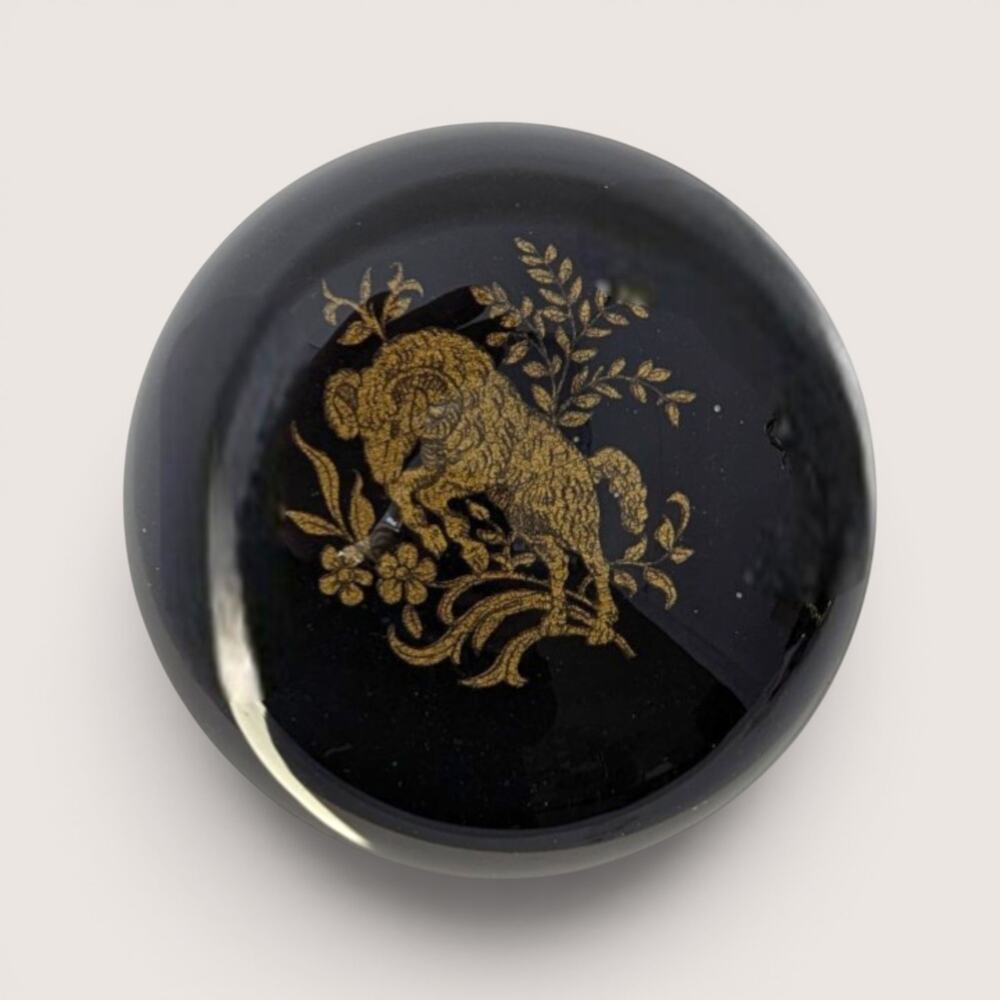 Vintage Gold Accented Lacquerware Glass Paperweight Ram